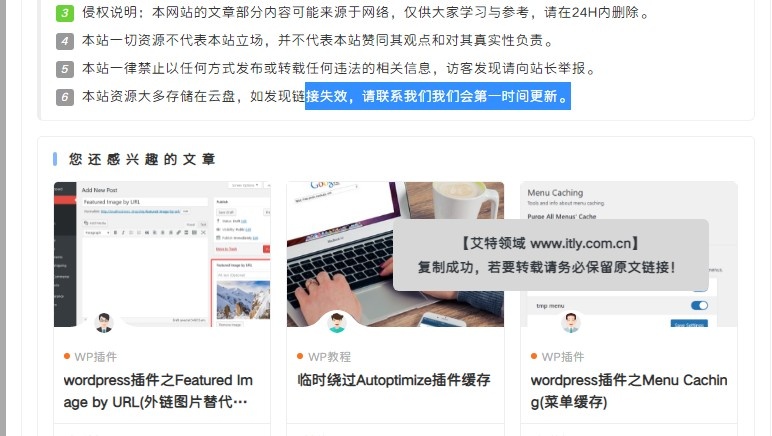 WordPress网站添加透明复制提示JS代码-墨非网