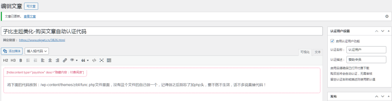 子比主题美化-购买文章自动认证代码-墨非网